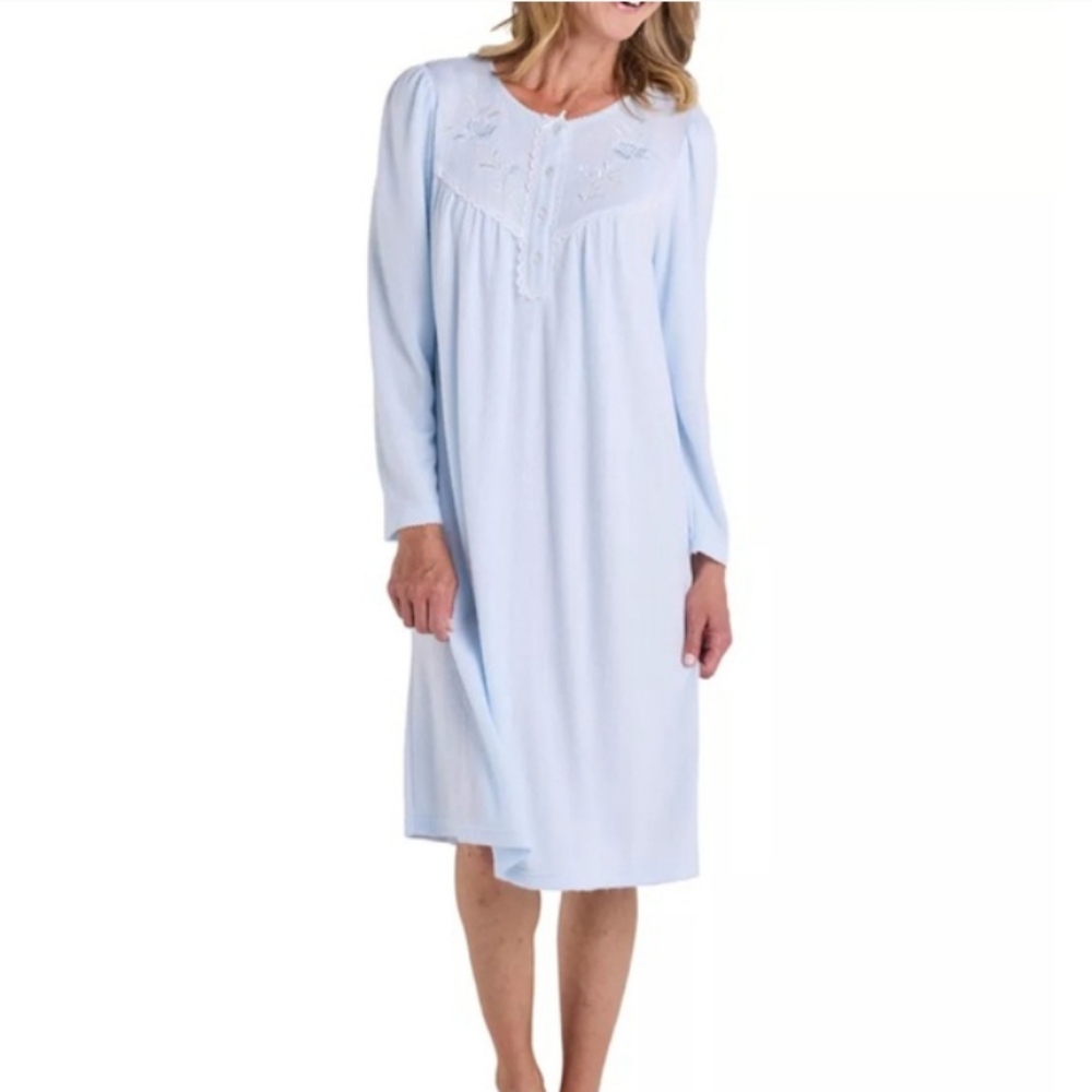 Miss Elaine Soft Blue Chemise Nightgown Honeycomb Knit With Long Sleeves